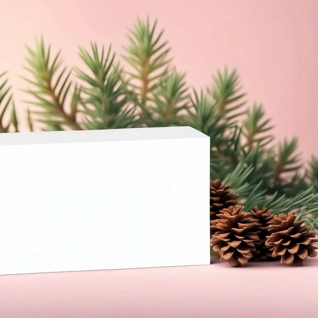 mockup is a white box of a medicinal product, on a background with pastel tones, cedar cones and foliage are blurred in the background Ai