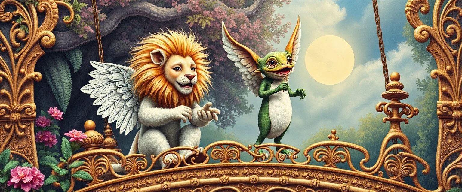sacred geometry embroidered patterns, two totally symmetric fluffy angel lion robot gremlin slug nice cheerleader singing on ornate carved magical bridge in garden , full body portrait strong aura, oil painting and air brush, in swing net, strong wind, grid