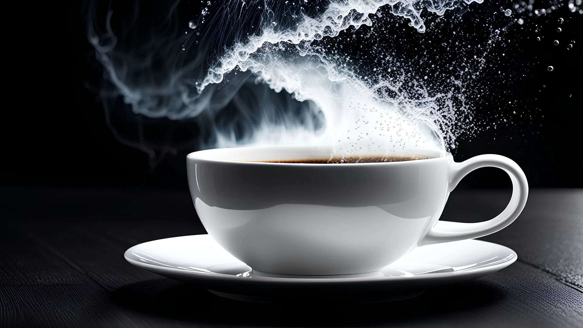 A storm entirely inside a white porcelain ESPRESSO cup with a saucer. Large COFFEE wave cresting. A surfer. Backpropogation algorithm optimization lighting. Black background