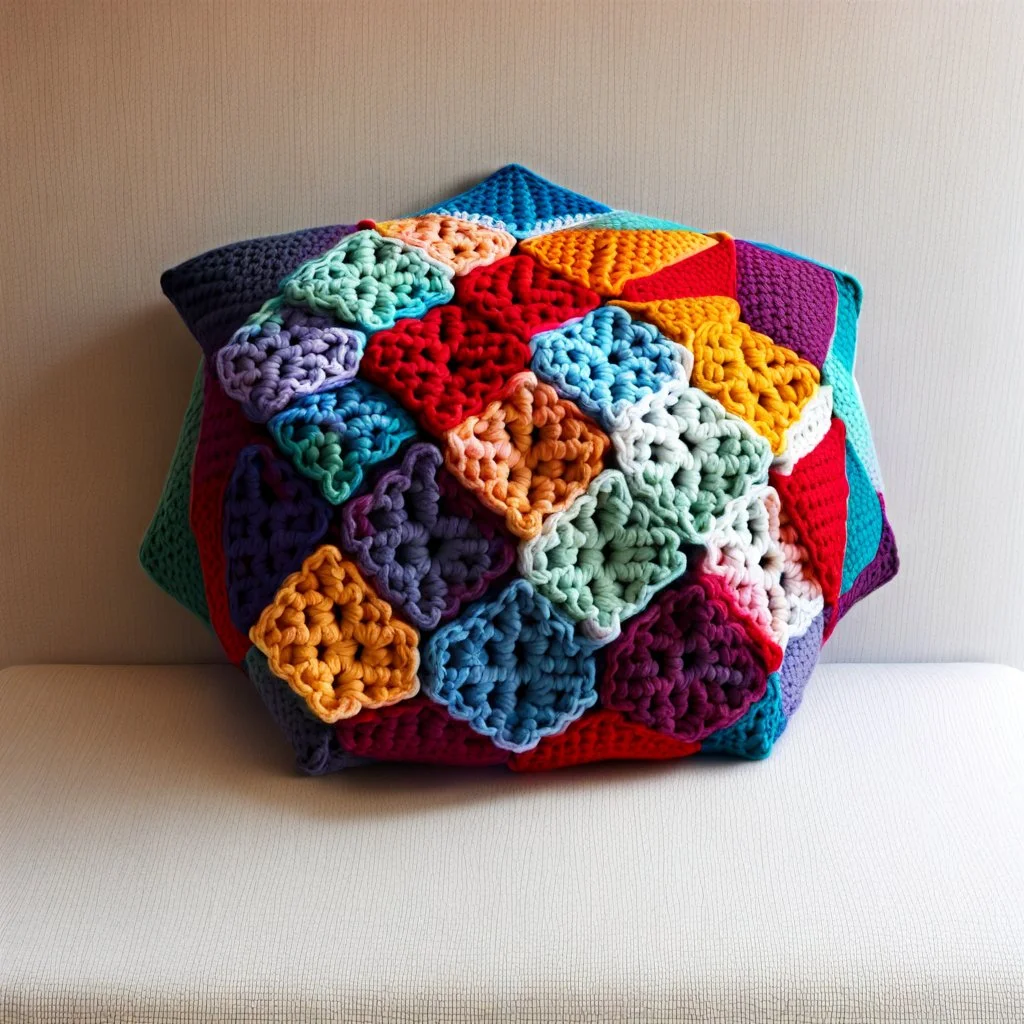 crocheted hexaflexagon cushion