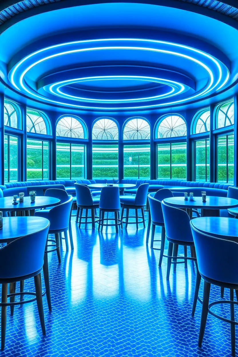 A restaurant whose outer walls are oval in shape, the color of the inside is blue, and its floor is light, with a bar table in the middle of the restaurant in the shape of an oval, containing 30 chairs, and the walls are made of tinted glass