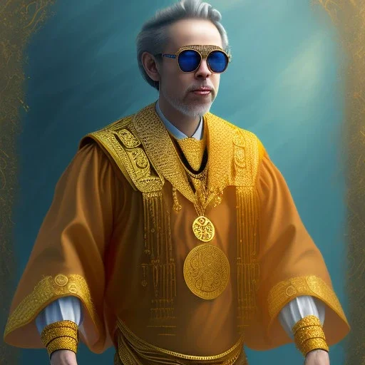  fantasy art, upper body of john dennis the guru in robes with sunglasses on yellow slack line high above water