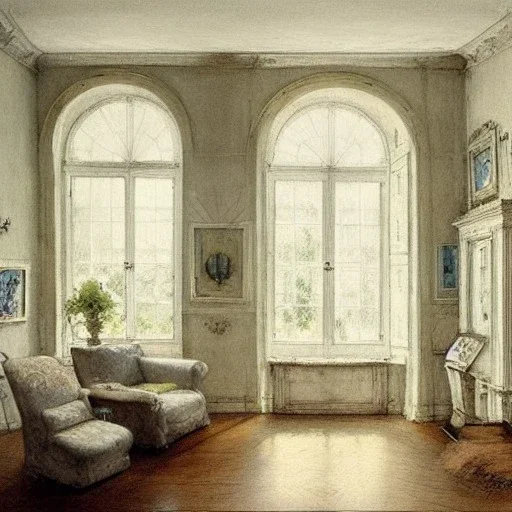 Living room with a big full wall window, white Beaux Arts architecture,interior design,point of perspective,by Jean Baptiste Monge