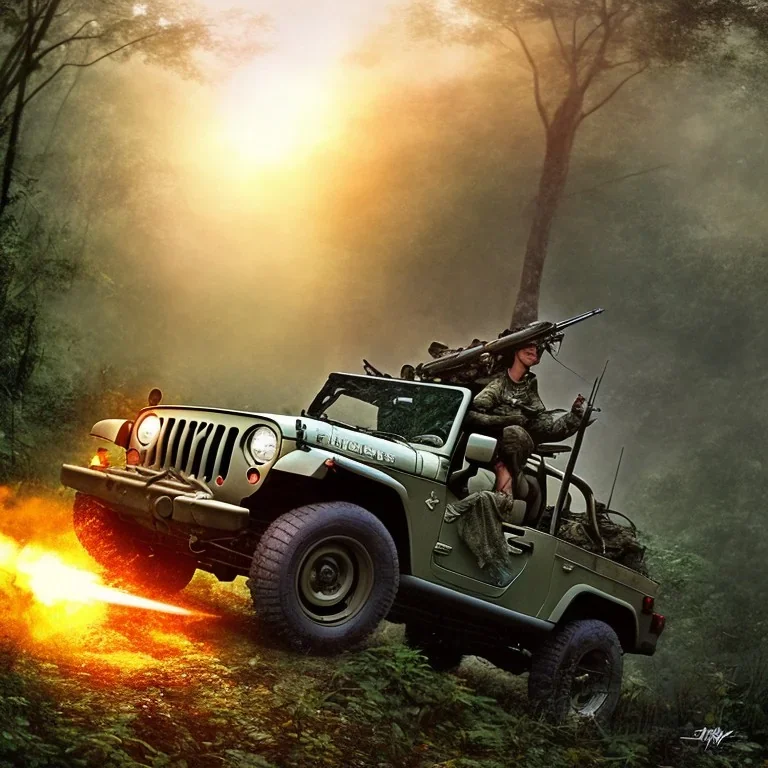 vietnam war. war report. jeep in jungle. poster. bokeh. lens flare. warm lights. high detailed