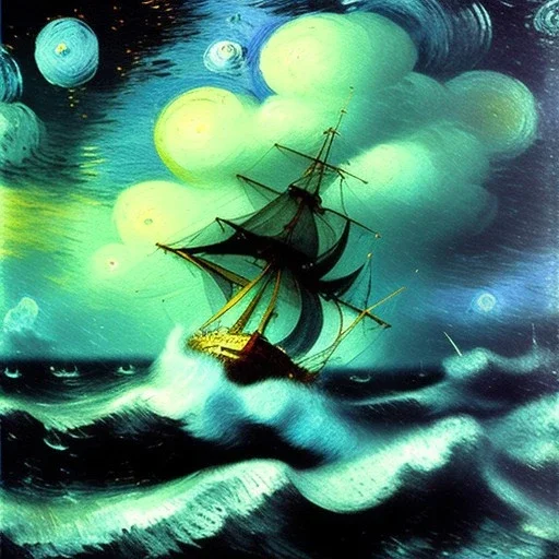 Dibujo al oleo de un Viejo Galeón Pirata navegando en la tormenta, Rayos y truenos, con nubes estilo Vincent van Gogh 8k