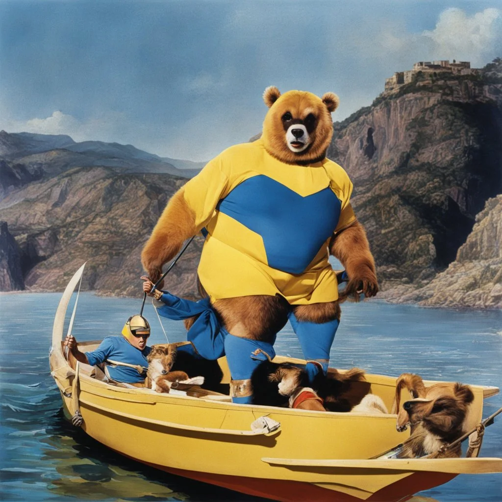 [Jason and the Argonauts (1963)] super bear in the jun with a blue costume and Stormy Daniels as a giant bee, in a boat