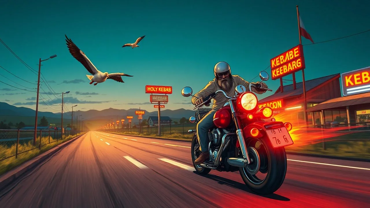The kebab man driving fast on his holy motorcycle, fire from the exhaust, holy widescreen picture, holy empty road on the holy country at night, comic style, no helmet and he have a long holy black beard, neon kebab signs along the road, jesus stand at his market stand selling holy kebabs, simon stålenhag style, flying goose kebab
