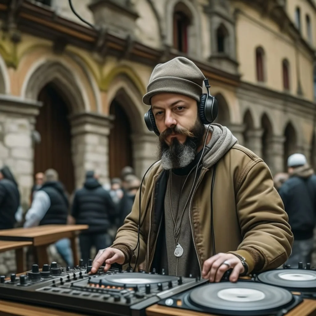 A short brown beard DJ with a hat on his head at the DJ console, many electronic consoles around, play middle street of medieval city, FRONT VIEW