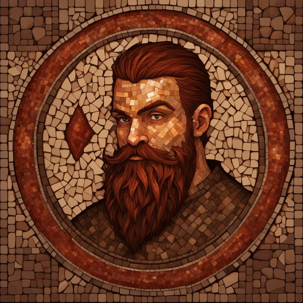 picture made of mosaic tiles in a style of medieval mosaic, Dnd, fantasy, portrait, only face, dwarf, blacksmith, kind, hearthy, red hair, braided beard