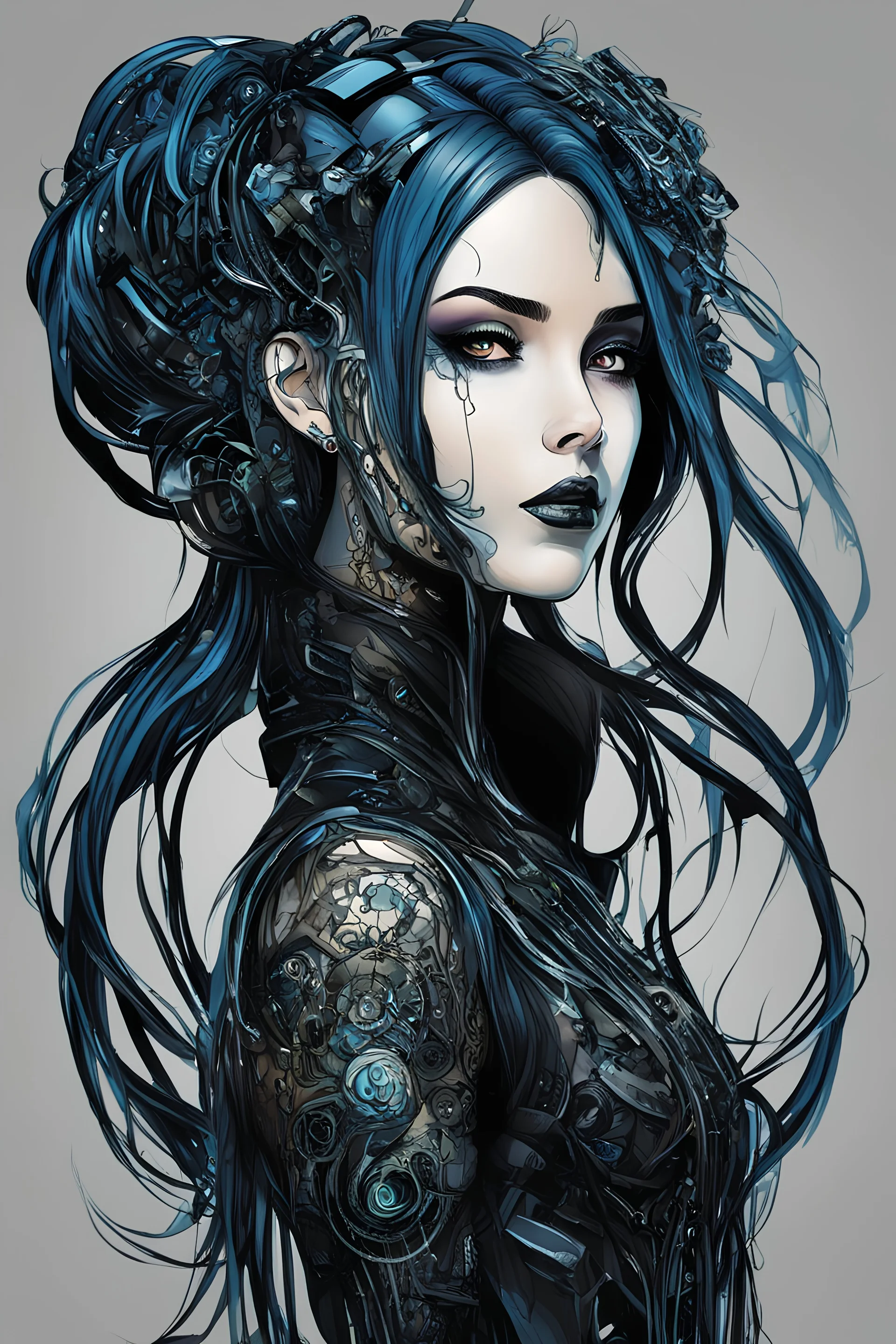 Create a wild, imaginative, full body, cybernetics enhanced goth girl with highly detailed facial features, in the vector graphic style of Nirak1,Christopher Lee, and Cristiano Siqueira, vibrant colors, sharply defined, 2d vector