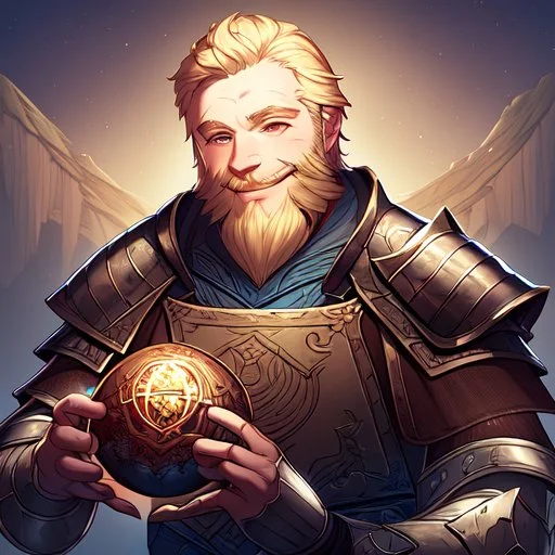 A nord male battlemage from Skyrim, full plate nordic armor, blond hair of medium length, hearty, smiling, thick short beard, an electric sphere in right hand, correct proportions