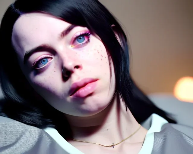 Billie Eilish, on the bed, in my underwear, pale skin, high detail, realistic, 16k, not to be distinguished from a photo, identical pupils