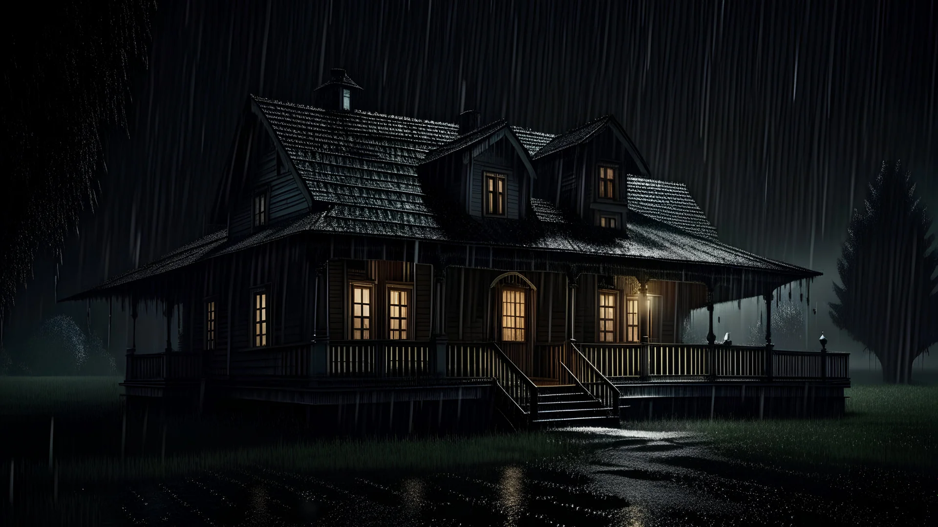 spooky scary bungalow in heavy rainfall darkness, dark, 18k