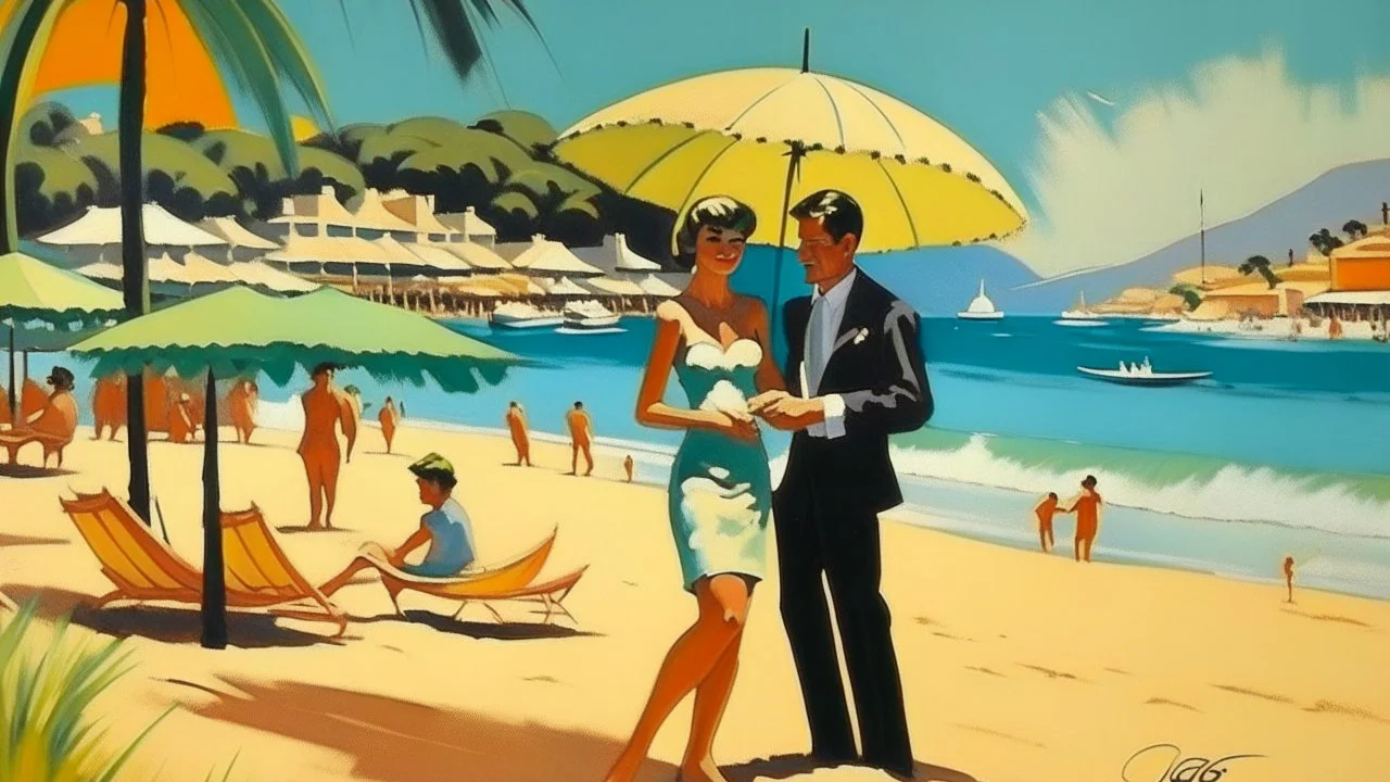 cote d'azur woman and man on hot beach painting neoclassism 60