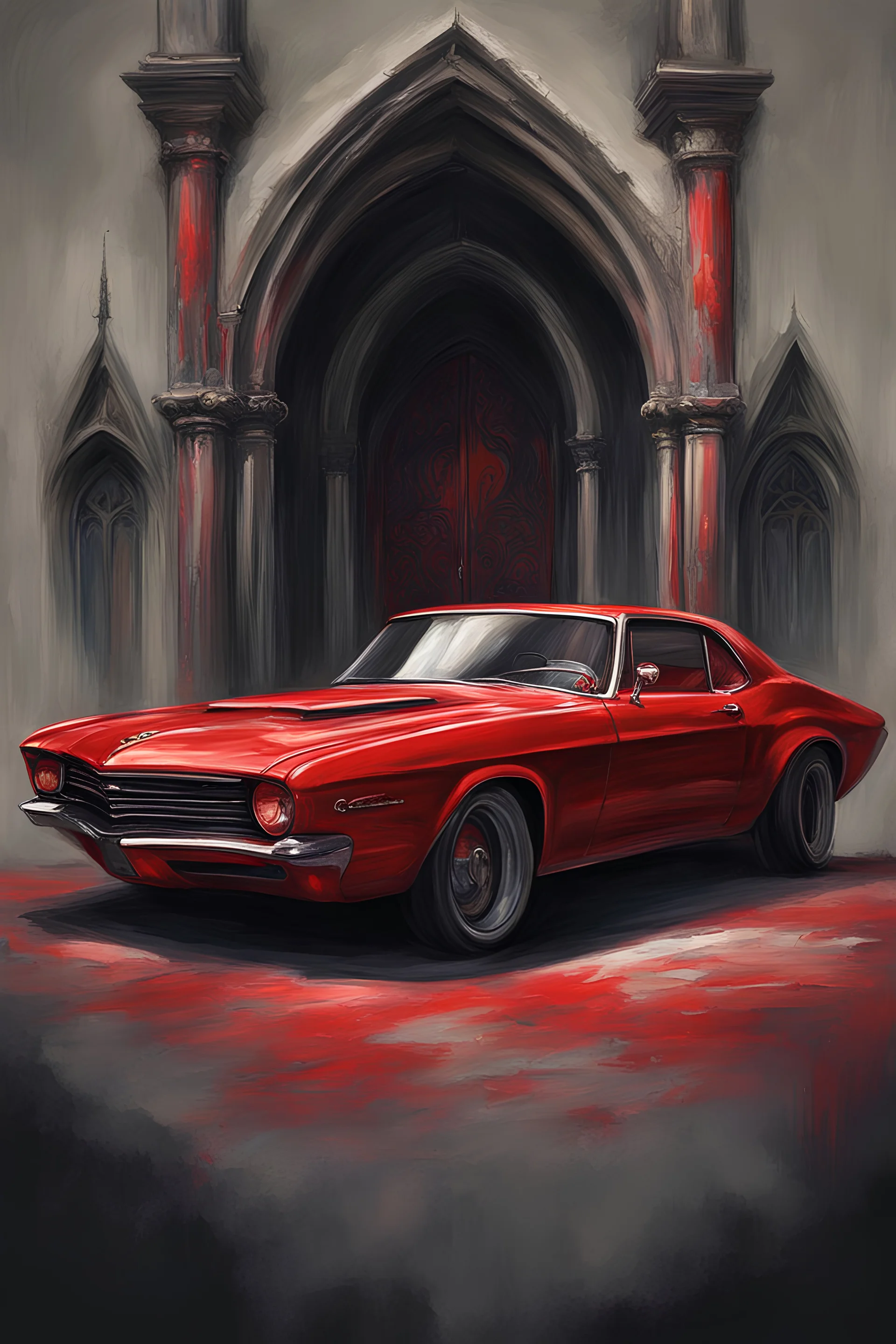 gothic grotesquerie, painting of character, red muscle car, high definition, accent lighting, by Squal92i