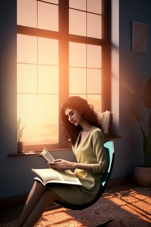 Beautiful, thin young woman, Arab home clothes, wavy hair, sitting on an office chair, reading a novel, next to a window, outside the window is sunset , 8k, finely detailed, photo realistic.