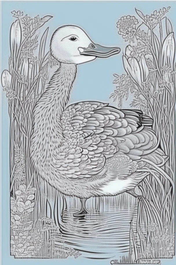 coloring book page of a magical duck,monochrome, black and white, sharp, sketch drawing