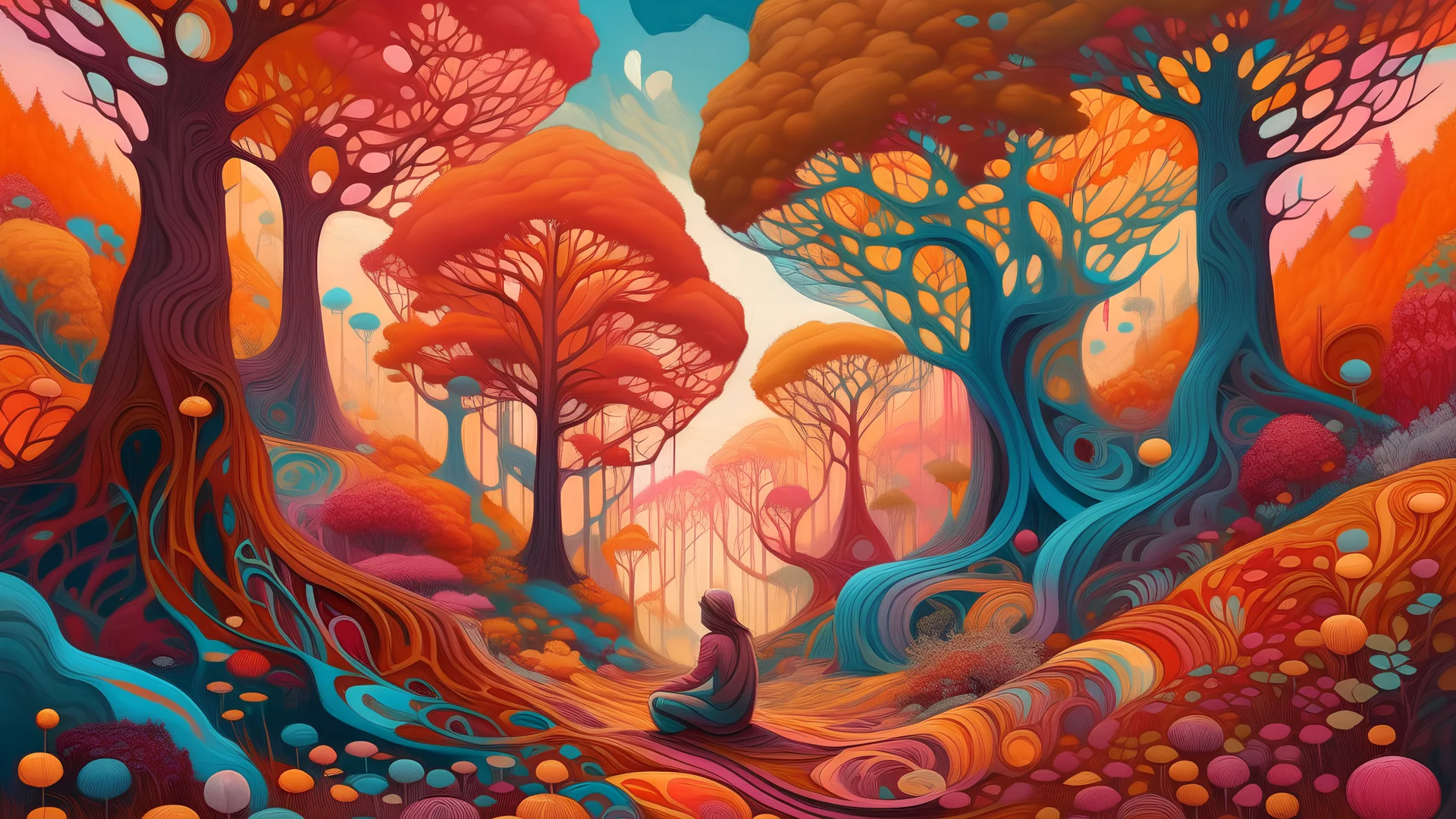 A surreal landscape with twisted, colorful trees and a figure sitting on the ground in the foreground, the background featuring a vibrant, dreamlike forest scene with a variety of textures and patterns