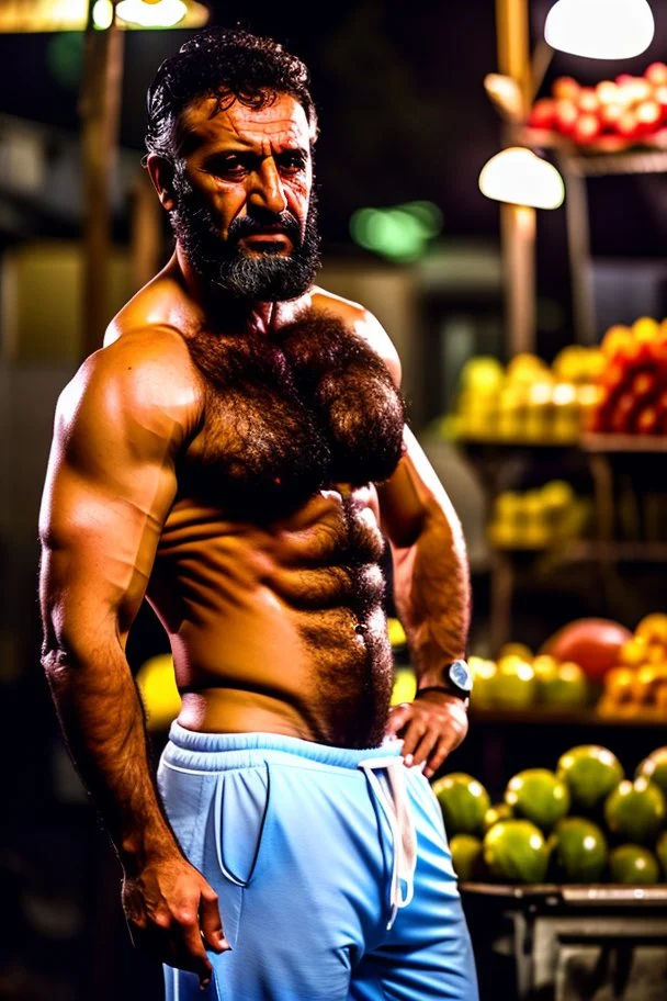 full body shot photography, iranian man at night, 46 years old with hands on the flap, manly chest, muscular chubby , curly beard, dirty, serious, stand up on a crowded street, sells watermelons at his stall, sweat, shirtless, open legs, bulging pants, long hair, ugly, big thighs, bullneck, big shoulders, photo realistic, photographic, super detailed, hyper realistic, UHD, midnight , misery and poverty, side light, frontal view from the ground, ambient occlusion