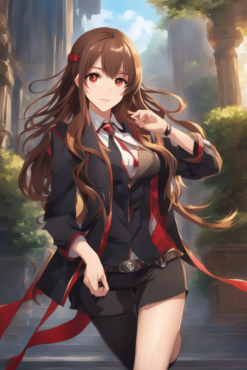 (masterpiece), (anime style), award winning, centered, looking toward camera, long brown hair, confident young woman, red eyes, intricately detailed modern setting, dynamic lighting, dynamic composition, ultra detailed, (epic composition, epic proportion), professional work, wearing casual clothes