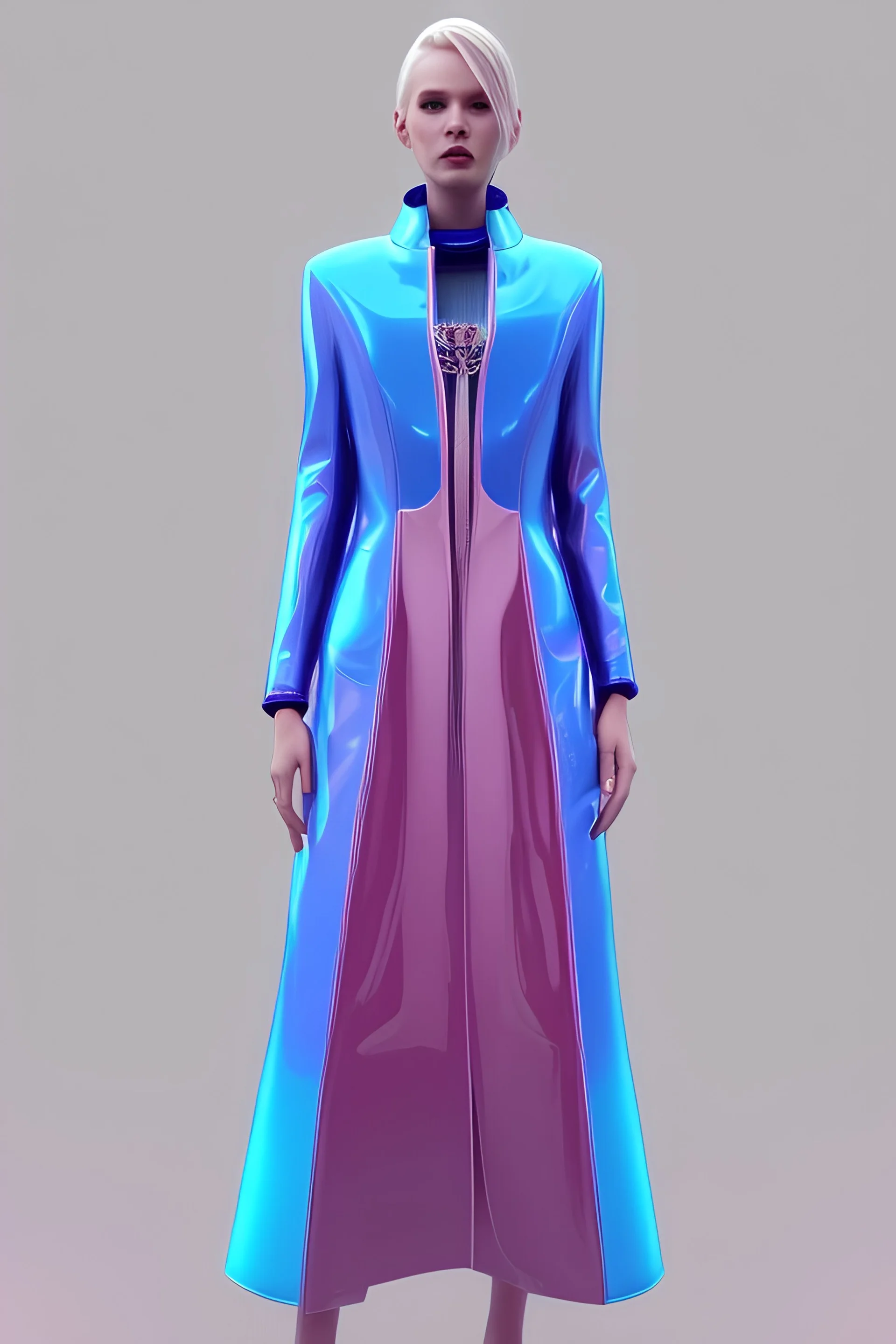 blonde woman, purpurin, minimal latex dress, oversize velvet coat, gradient color, BLUE, PINK, CYAN, neon, insanely detailed, 16k resolution, perfect eyes, cinematic smooth, intricate detail