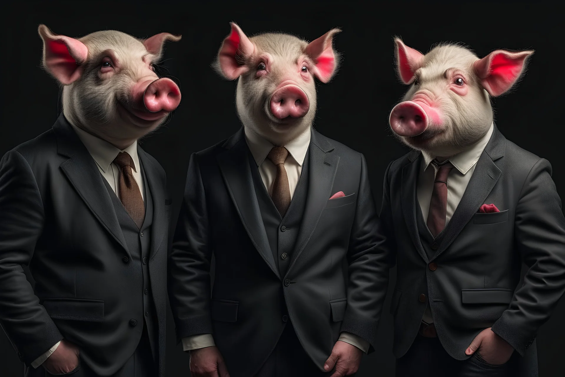 three human like pigs dressed in suits