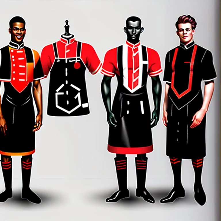 3 black waiters with red and black different uniforms in luxury hall