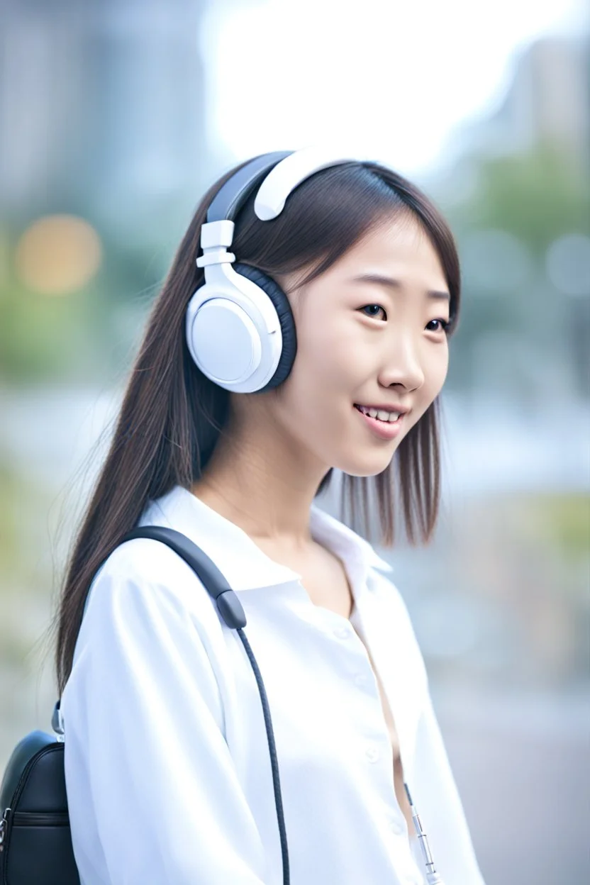 An Asian girl in a white shirt and headphones.