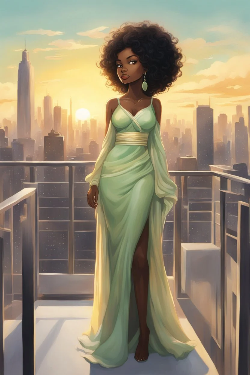 The scene opens onto a serene balcony overlooking a bustling city skyline. The sky above is painted in soft hues of green and yellow as the sun begins its descent, casting a warm glow over everything it touches. In the foreground stands a captivating figure, airbrush chibi cartoon curvy black woman exuding confidence and elegance. She is adorned in a flowing white knit maxi dress that hugs her curves in all the right places, accentuating her silhouette. Her choice of footwear is equally stunning