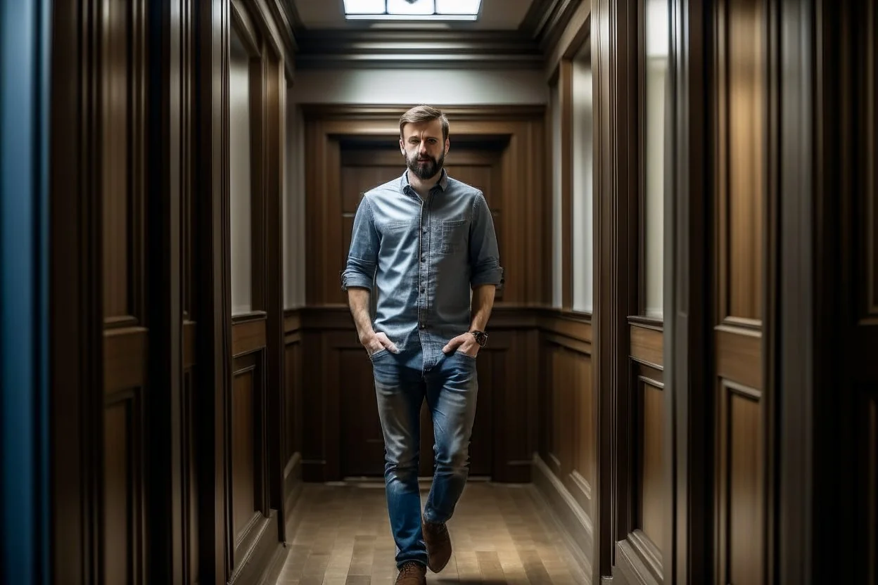 man in jeans and a shirt standing in a corridor of doors