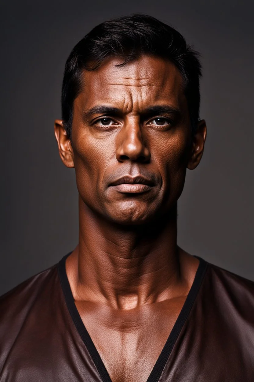 45 year old man with Dark tanned skin. dark brown hair which hangs at his shoulders, clean shaven. creepy looking