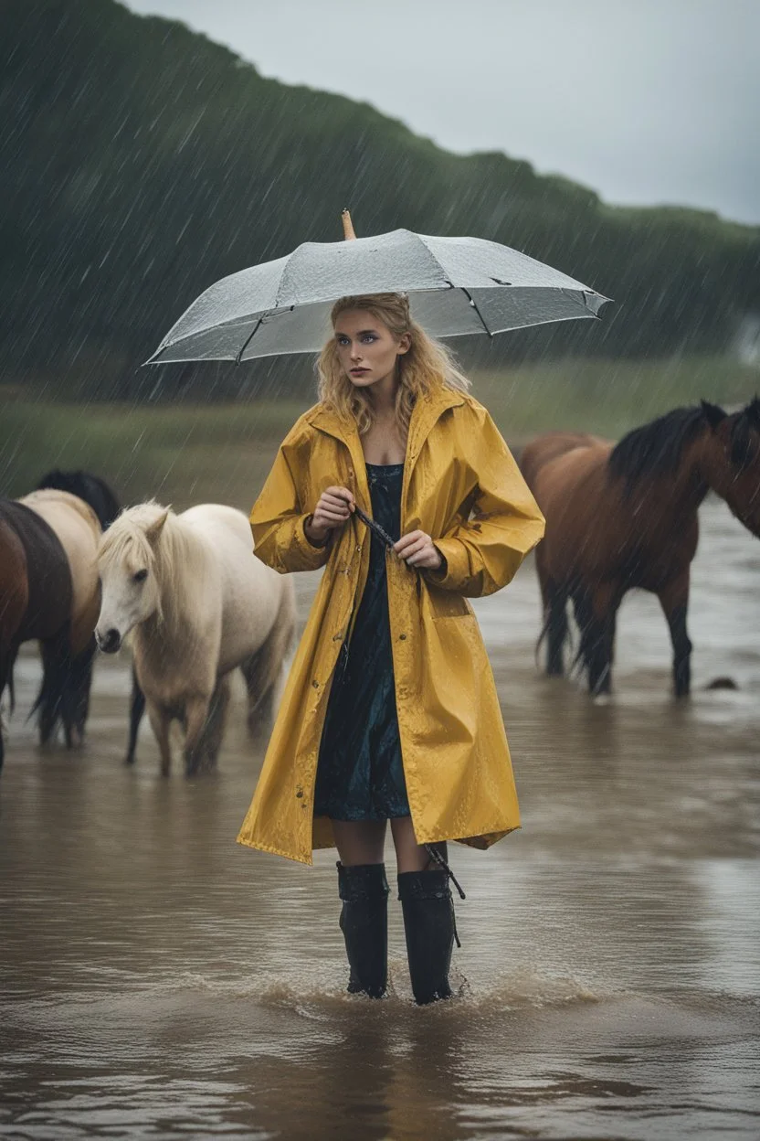 In the music video, a 23-year-old woman with blonde hair and bright blue eyes stands in the sea, se has a bun. dressed in a yellow fisherman's jacket. She holds an umbrella, but it offers no protection from the pouring rain. Around her, heavy horses are moving. The rain is pouring heavily. She is standing in the middle of the sea. You can see here completely. Horses only the girl and horses, i wanna see the horses dancing around her. She is wearing a fishers outfit. NOT SEXY!!