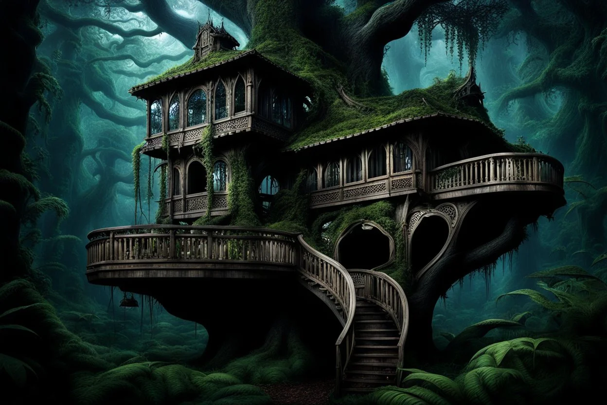 Extreme Unusual Treehouse in surreal forest, vegetation, spiky tendrils, intricate details, dark colors, detalied, dark fantasy, psychedelic, very detailed, cinematic