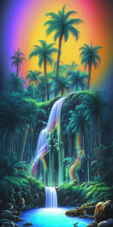 Triipy rainbow turquoise neon waterfall with palm trees sparkling at night in a cave detailed realistic glowing