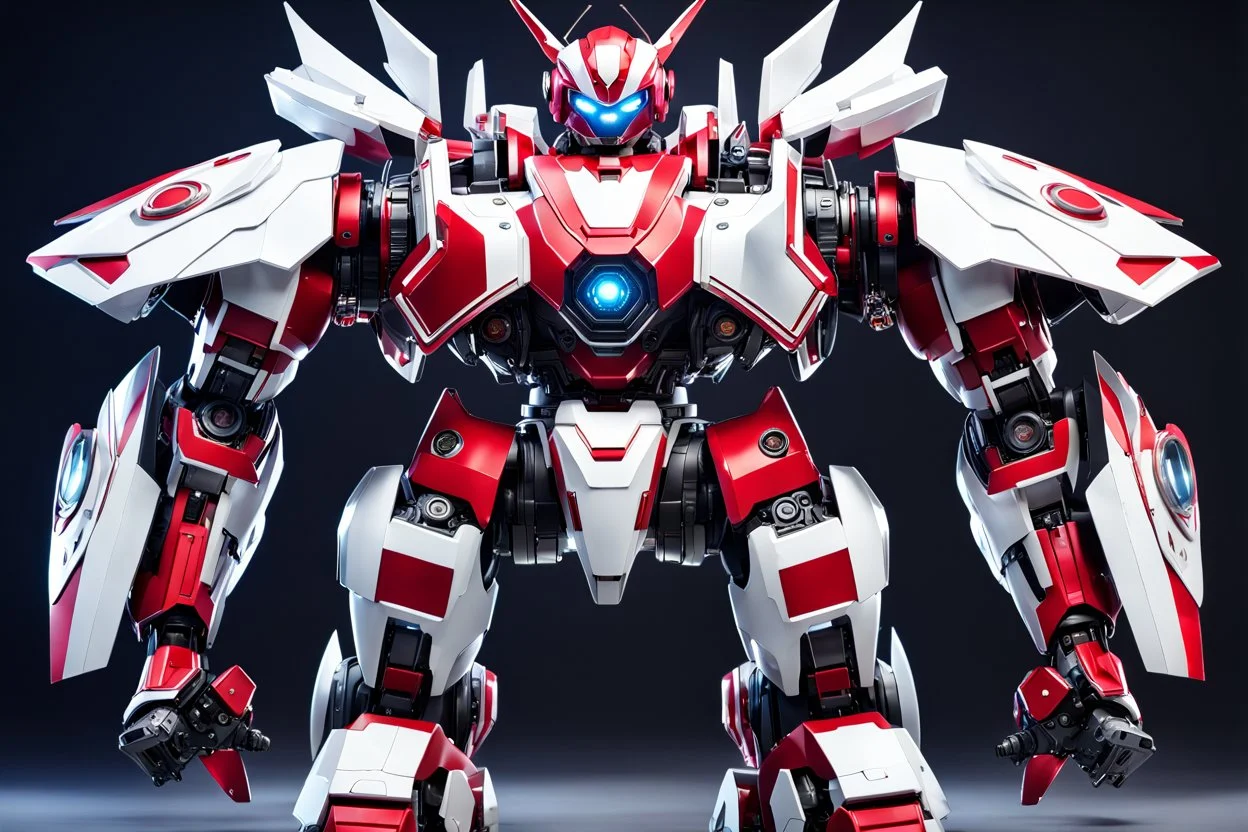 big robot with red and white color schemes, in the style of fairy academia, hard-edge style, agfa vista, dynamic pose, oshare kei, hurufiyya, rtx, close picture, intricate details, highly detailed, high details, detailed portrait, masterpiece,ultra detailed, ultra quality