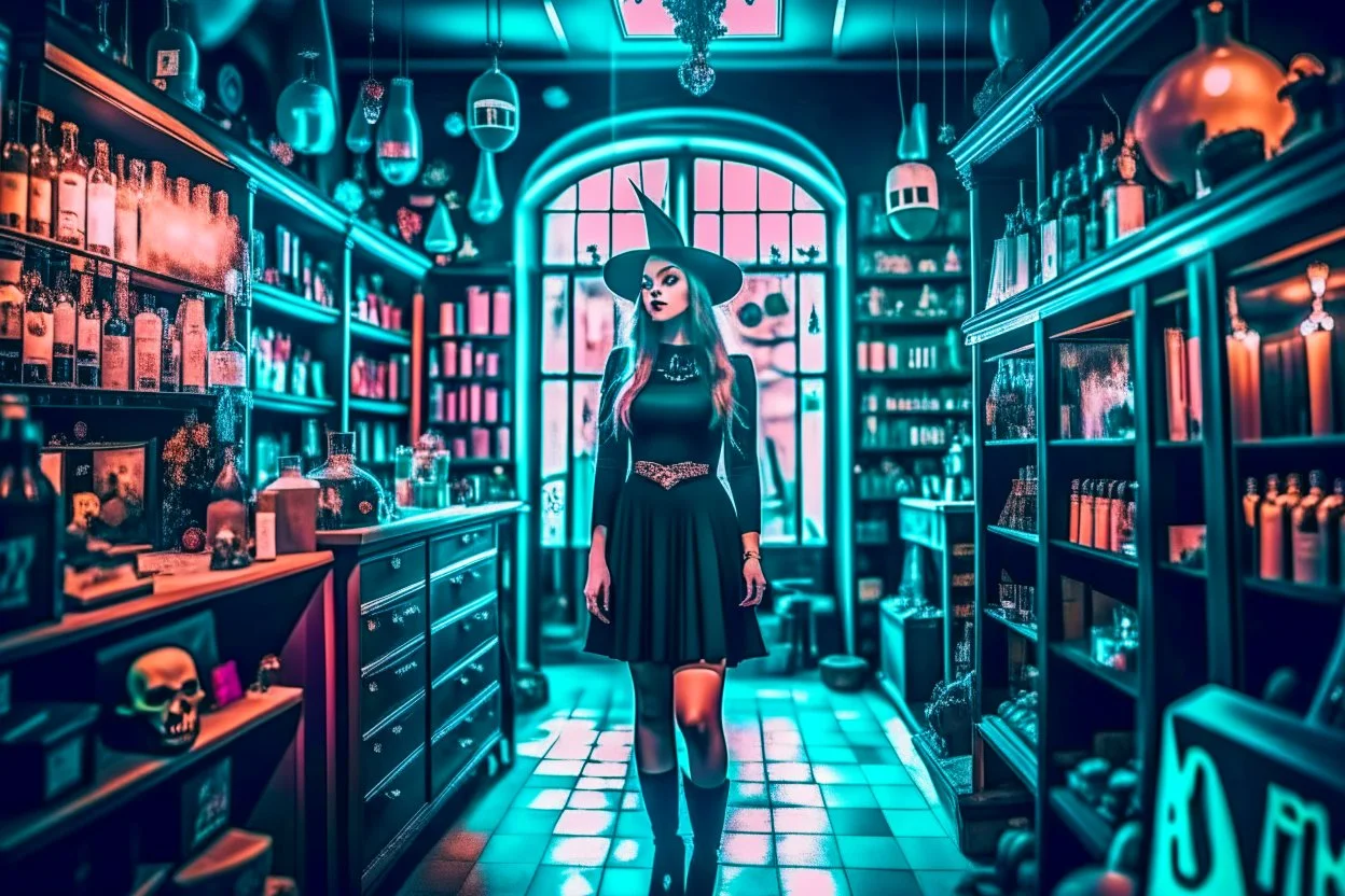 full-height shot of a young witch in a tight black short skirt, inside a large magic shop, shelving, bottles, windows