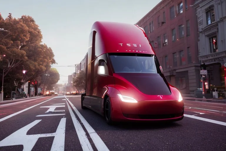 A Tesla 'Semi' (semi truck) is going at a high speed, on the streets of San Francisco. (CINEMATIC, WIDE ANGLE LENS, PHOTO REAL)