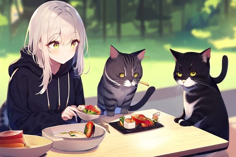 A cat with a hoodie is sitting at a table eating sushi. Perfect iris.