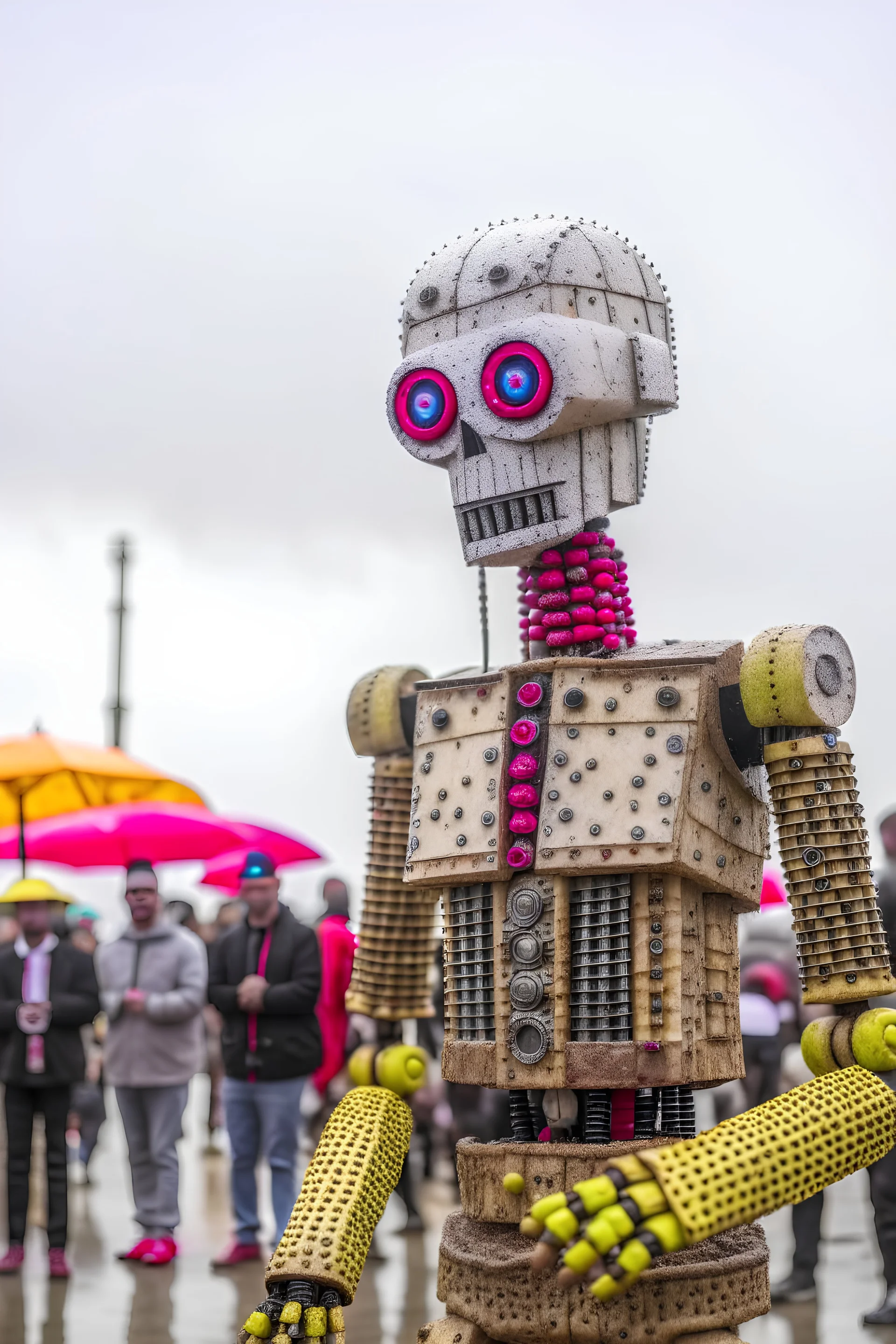 little people looking at dancin to giant robotvitalik buterin at burning man festival in the rain