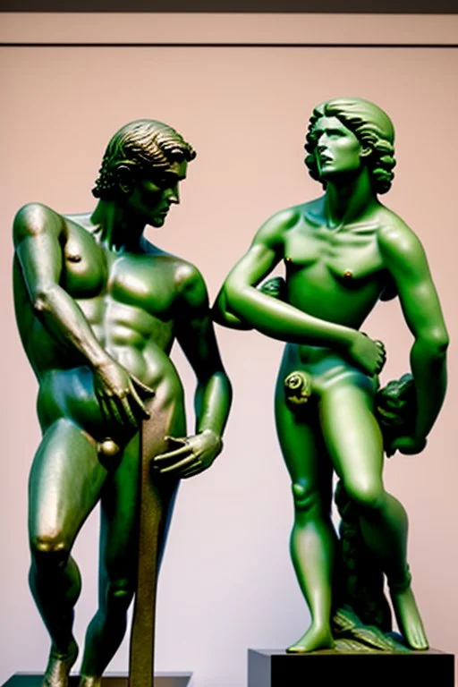 in a modern art display, two famous statues are next to each other, one is David and the other is the Discobulus statue. The discobulus hand covers the private part of David, they both look disgusted at each other