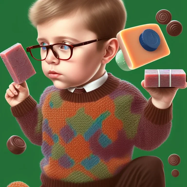 peter billingsley chubby with glasses, holding a single ((Dark red))soap bar, ((brown))argyle sweater