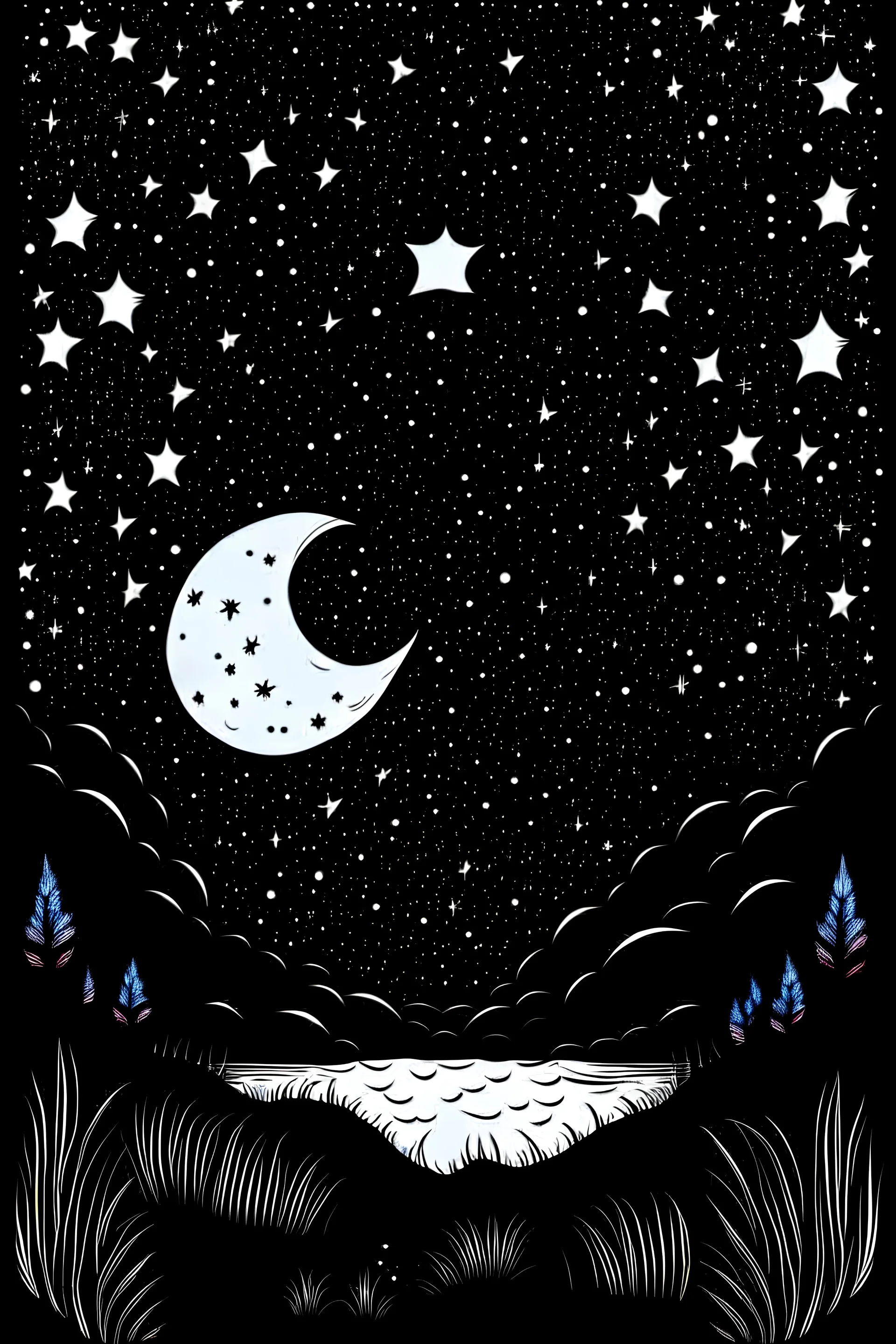 A dreamy night sky filled with constellations and a crescent moon, providing a celestial setting for various nocturnal creatures for colouring pages black and white,fully white backdrop,no blur,no grayscale