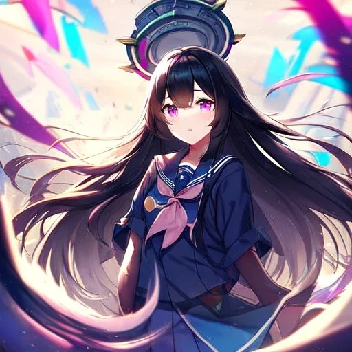 Clear focus, High resolution, Black long fluffy hair, purple eyes, wearing a sailor uniform, shattered rainbow in triagle formation,