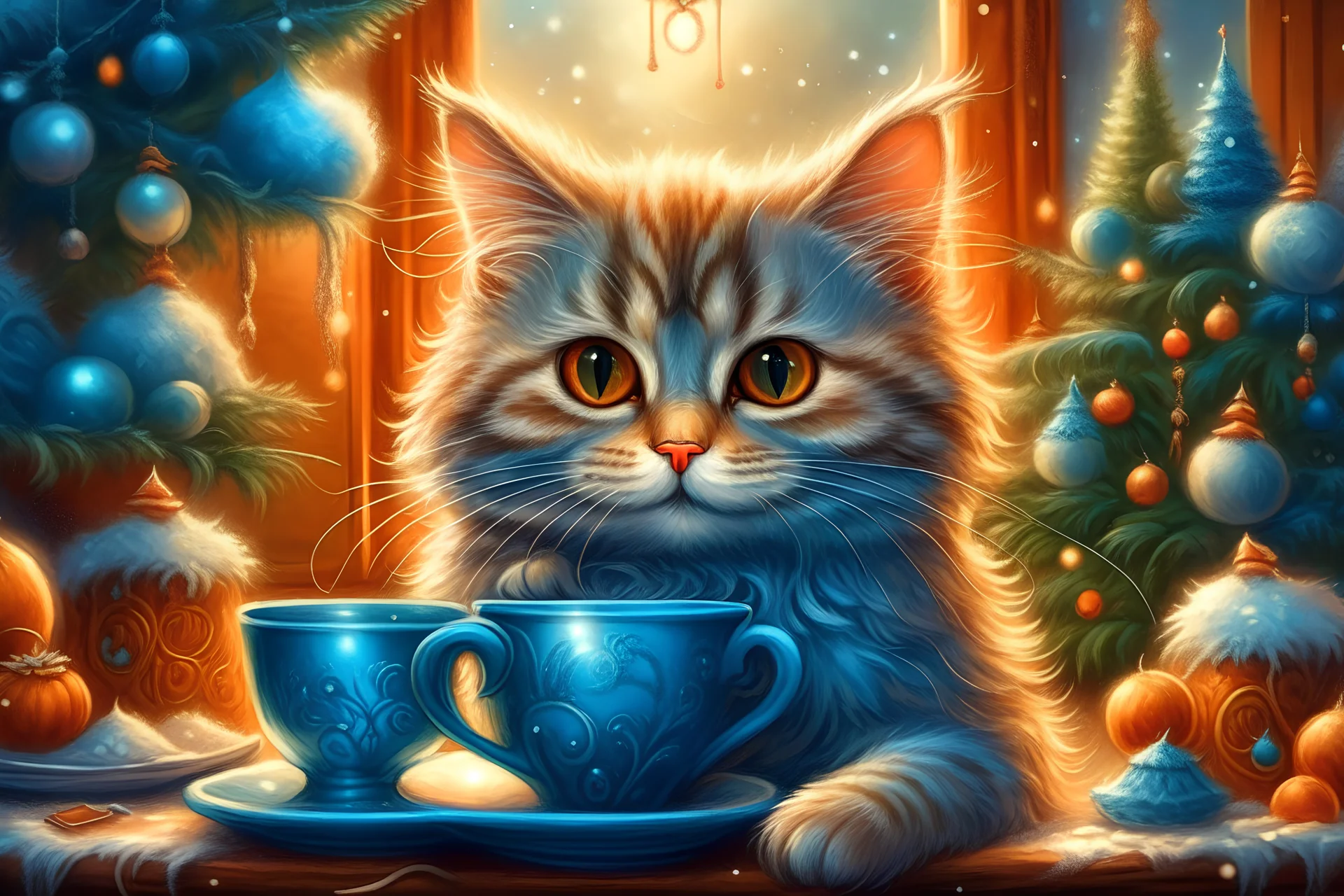 cute cat, fluffy, cheerful, large head, expressive eyes, smiling, cartoonishly, near a decorated Christmas tree, new year, warm colors, Josephine Wall, hyperrealism, warm knitted suit of warm blue color, cup full of fragrant coffee, near the window, morning, winter, cozy living room