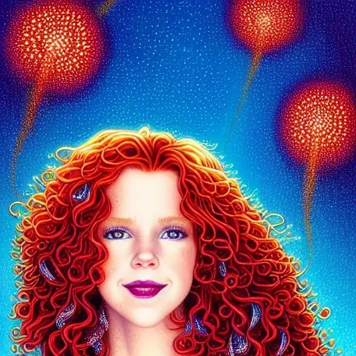 Robyn Lively, her striking perfectly detailed clear eyes, her perfect, precisely detailed lightly freckled face, meticulously detailed long curly multi-hued ginger carrot cherry fire red hair, luminous colorful sparkles; by james r. eads, gawki, rajewel, tania rivilis, dan mumford, lisa frank, artgerm, greg rutkowski, alphonse mucha and william-adolphe bouguereau; glitter, airbrush, octane render, volumetric lighting, 16k, photorealistic digital painting, artstation, smooth, sharp focus