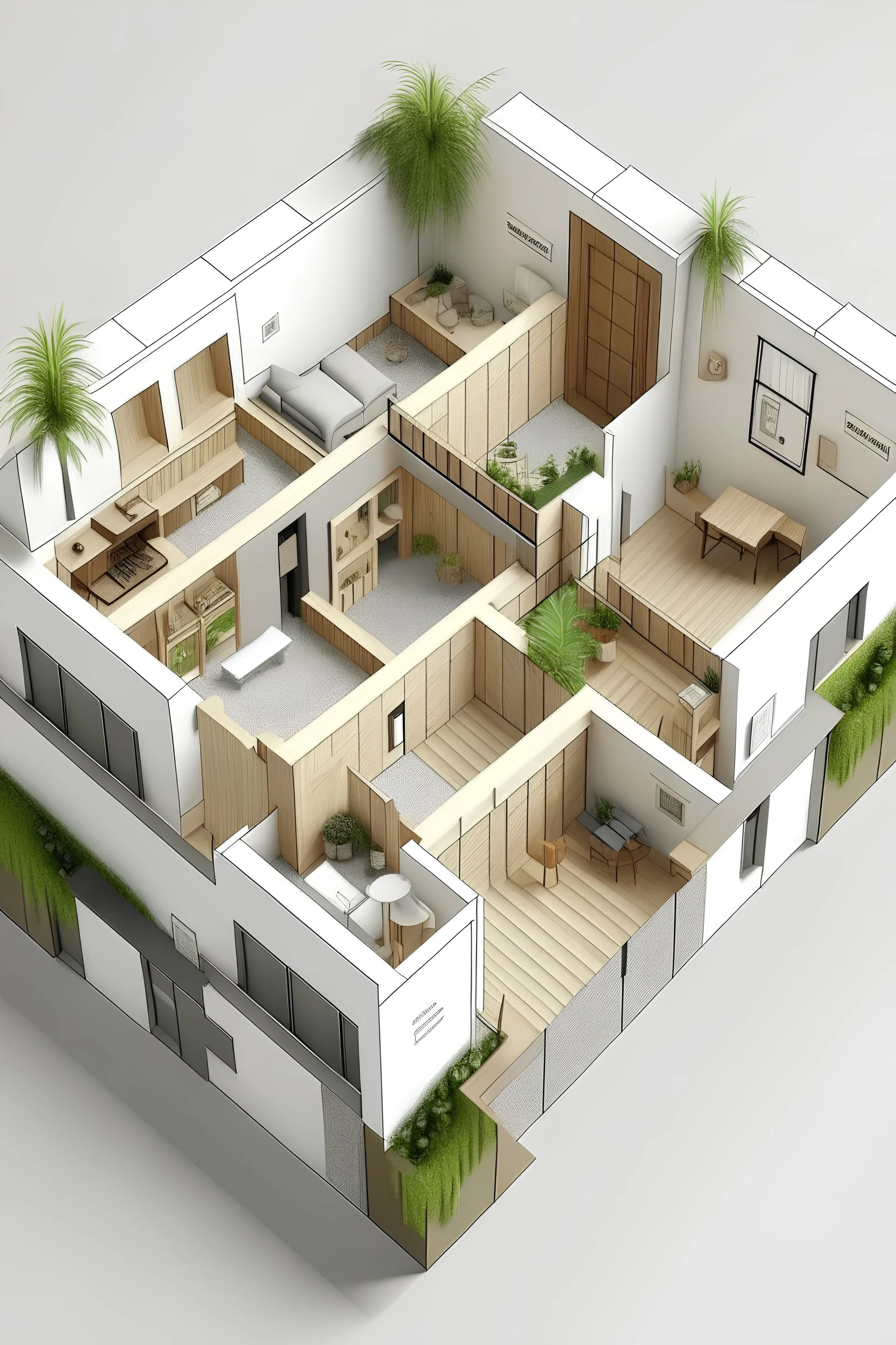 Plano 3d de dos minidepartamentos estilo nórdico en una zona turística caracterizada por la naturaleza y la cultura austriaca - alemana. El área total de los dos minidepartamentos tiene 120 metros cuadrados, estará ubicado en un tercer piso, por lo que se debe incluir un el pasillo producto de la escalerá y un área compartida para ambos minidepartamentos, donde habrá un baño y pequeña zona de lavandería. Cada minidepartamento debe tener dos habitaciones, un baño, cocina, comedor, sala y balcón.