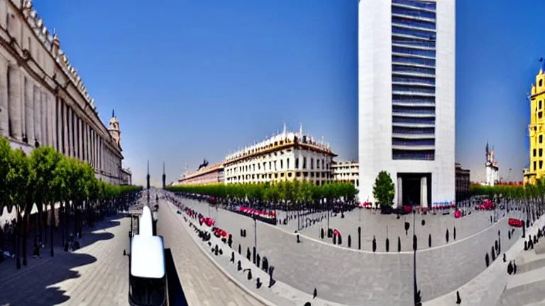 A Tesla semi-truck is racing at top speed, across the 'Plaza de la Constitución', in the city of Mexico. CINEMATIC. WIDE ANGLE LENS. PHOTO REAL.