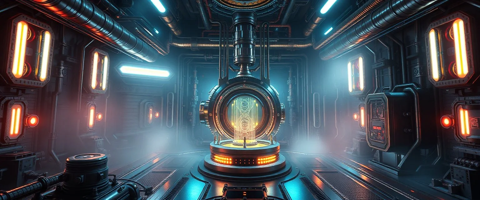 Prompt 4 — Fuel-to-Light Reactors “Futuristic micro-reactor using Zephyrium and Luminite, releasing controlled light and energy pulses, sci-fi engine room, glowing plasma tubes, high-tech industrial aesthetic, cinematic perspective, ultra-detailed and dramatic lighting.”