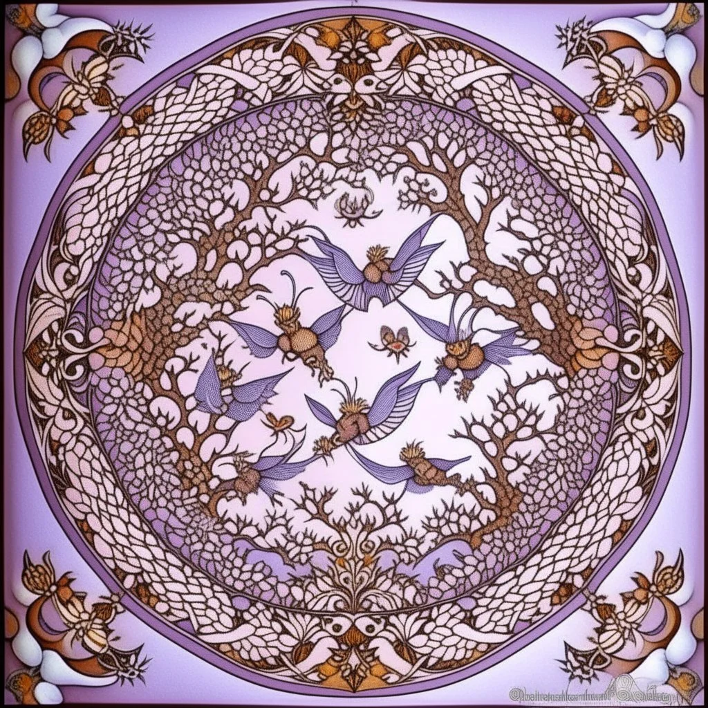 A light purple dominion with fairies designed in German folk art painted by MC Escher