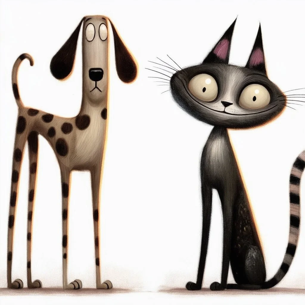 A quirky, storybook‑style illustration featuring a tall, elongated dog and Siamese cat with delightfully distorted proportions—slightly oversized heads, and expressive, off‑beat faces that feel charmingly awkward. Their bodies are slim, stretched, and comically upright, with subtle painterly textures and soft glowing highlights. The dog has a lanky, spotted coat with exaggerated posture, while the cat has a long, bendy silhouette with a mischievous, sideways grin. Both characters stand close tog